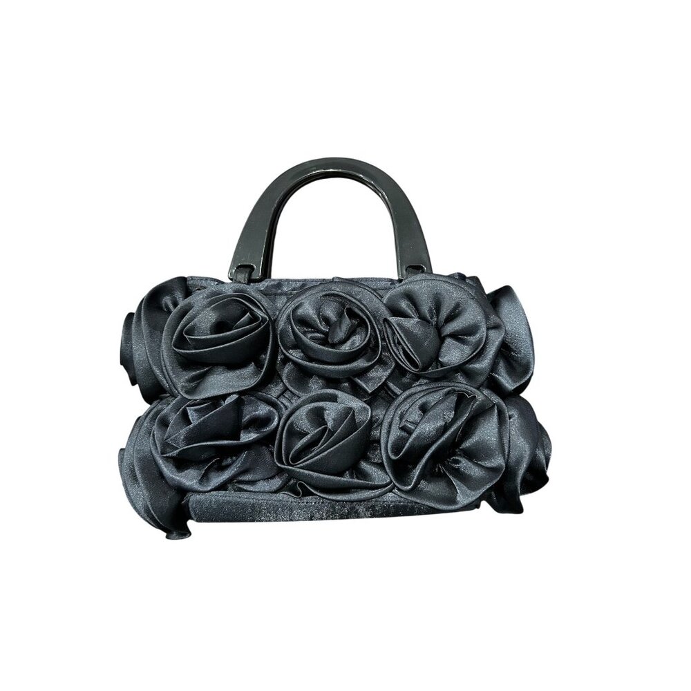 For Your Ease Only Magnetic Closure Black Handle Satin Rosette Handbag Elegant
